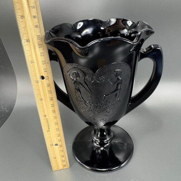 L E Smith Black Amethyst Glass Dancing Nymphs Trophy Glass Vase Etched Vintage - Picture 3 of 14